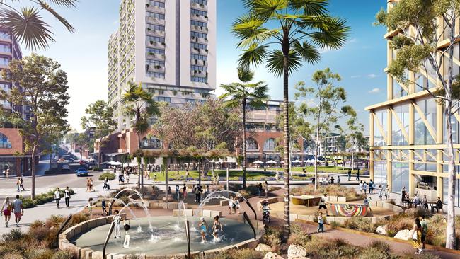 An artist's impression, contained in Northern Beaches Council's draft Brookvale Structure Plan, looking across a new town square towards Dale St. Picture: Northern Beaches Council