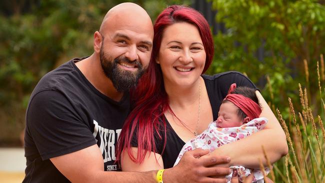 New mum Maria Solaka and her husband Eddie, with their baby Eliana. Picture: Nicki Connolly