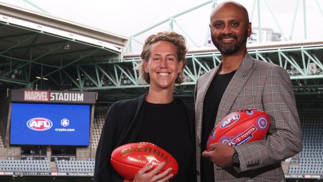 AFL executive general manager commercial Kylie Rogers with Crypto.com APAC general manager Karl Mohan. Picture: Jonathan Di Maggio