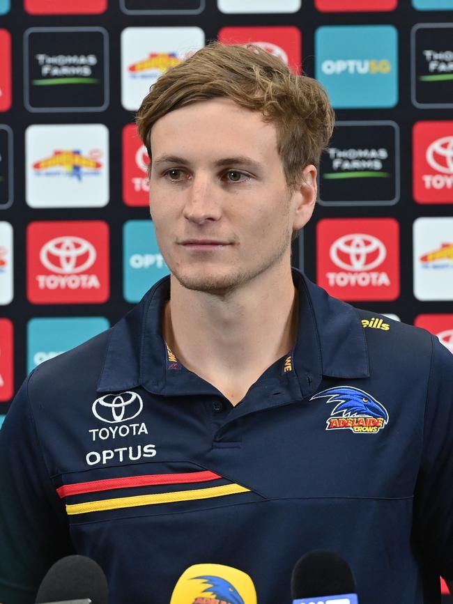 Jordan Dawson during his first press conference as a Crows. Picture: Keryn Stevens