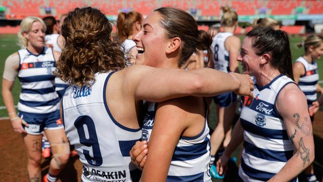 GOLD COAST, AUSTRALIA - SEPTEMBER 21: Nina Morrison and Caitlin Thorne of the Cats celebrate during the 2024 AFLW Round 04 match between the Gold Coast SUNS and the Geelong Cats at People First Stadium on September 21, 2024 in Gold Coast, Australia. (Photo by Russell Freeman/AFL Photos via Getty Images)