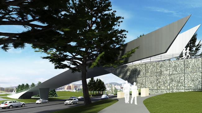 An artist’s impression of the bridge between the Cenotaph and the Doone Kenneedy aquatic centre in Hobart. Picture: SUPPLIED