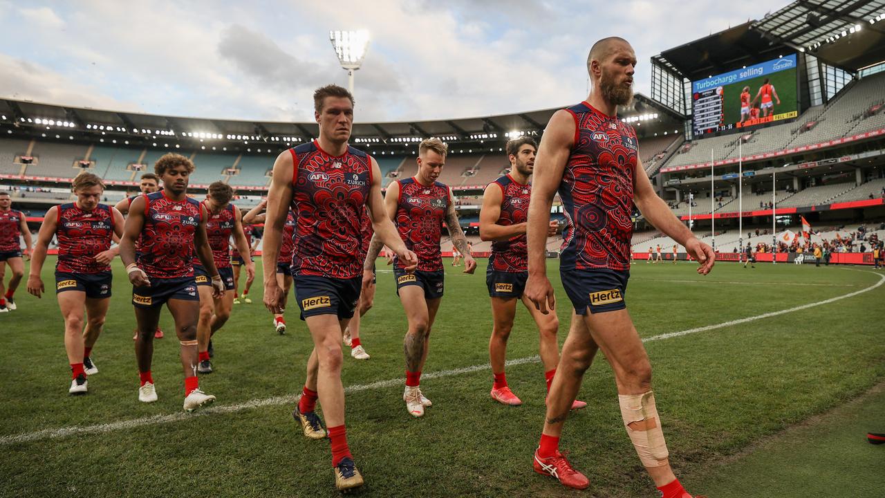 Melbourne head off the MCG after their loss to GWS. Picture: Alex Coppel.