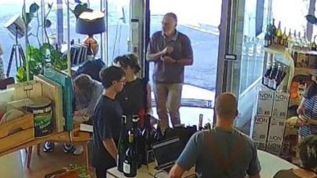 Mr Swale was captured on CCTV entering the Winespeake cellar and deli in Daylesford asking for a table about 30 minutes before a fatal crash. Picture: Supplied/ Magistrates' Court of Victoria