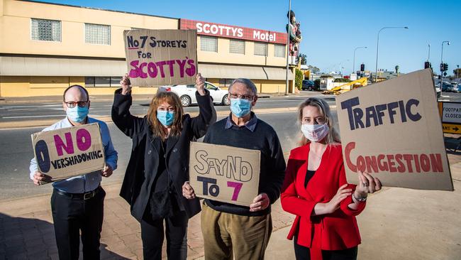 Labor candidate and staff Lucy Hood, far right, with Medindie residents Paul Reader, Cindy Butler, Peter Wiadrowski, protesting plans to rezone land around the Scotty's Motel. Picture: Tom Huntley