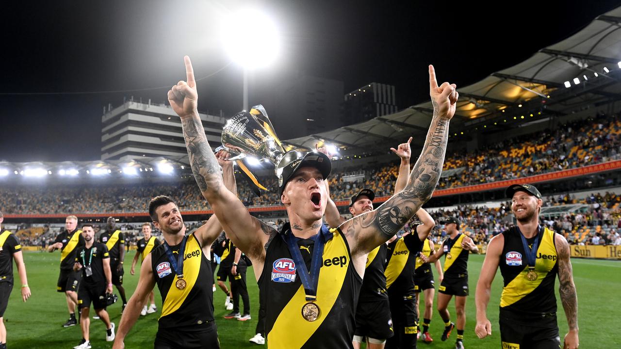 Dustin Martin of the Tigers celebrates victory after the 2020 AFL Grand Final in Brisbane. Picture: Bradley Kanaris/AFL Photos/via Getty Images