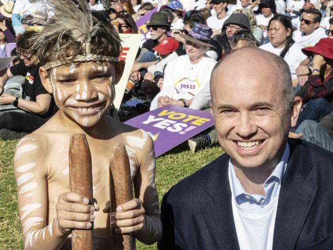 SYDNEY, AUSTRALIA, NCA NewsWire, Sunday 2 July 2023.Penny Sharpe, Lucas from Brolga dance academy and Matt Kean pose for a photo at the Come Together for Yes event in Prince Alfred park Sydney.Picture:NCA NewsWire, Monique Harmer