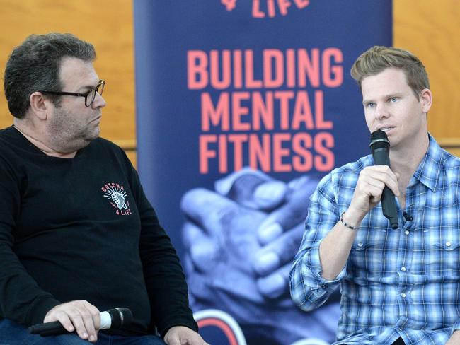 Gus Worland and Steve Smith spend time with students at Baulkham Hills High School in Sydney as the ambassador to the Gotcha4Life program.Photo Jeremy Piper