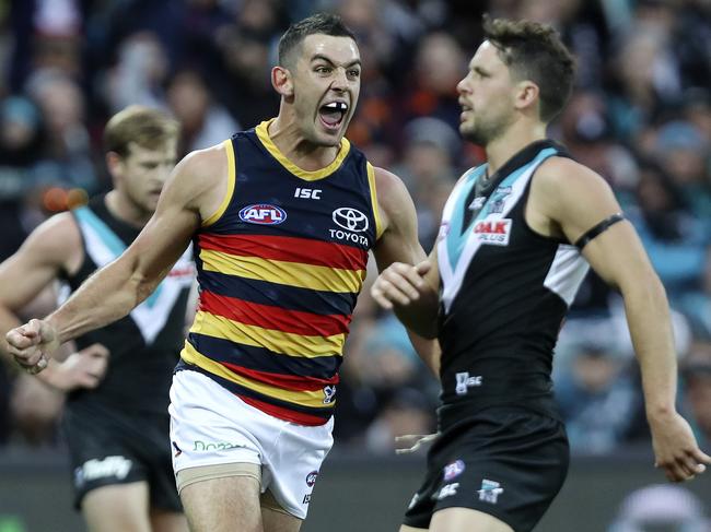 12/05/18 - AFL - Round 8, SHOWDOWN - Port Adelaide v Adelaide Crows at Adelaide Oval. Taylor Walker celebrates his goal  Picture SARAH REED