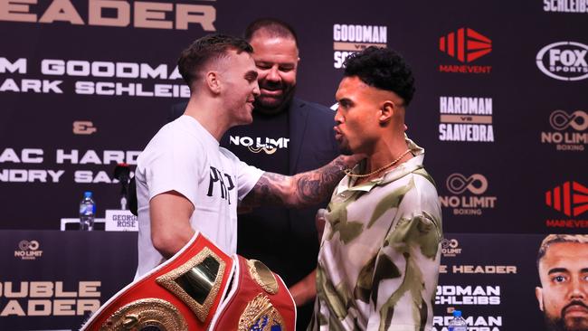 Sam Goodman (left) and Mark Schleibs (right) had a heated face-off in a wild press conference. Picture: No Limit Boxing