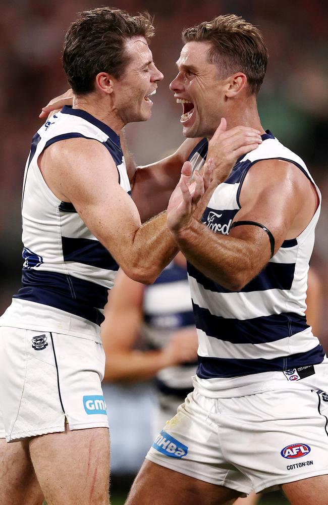 Smith and Tom Hawkins celebrate a Friday night goal. Picture: Michael Klein