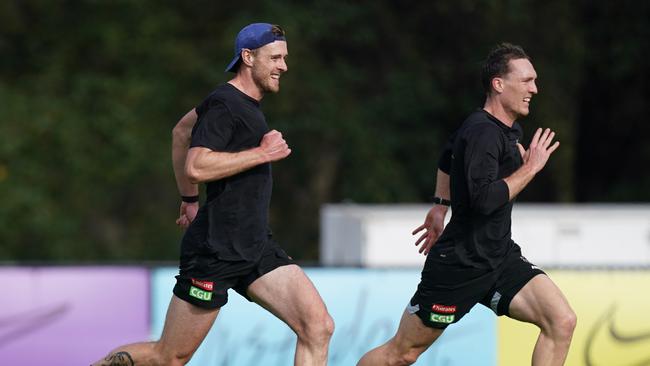 Jordan Roughead and Jack Madgen of Collingwood training together. Picture: AAP Image/Michael Dodge