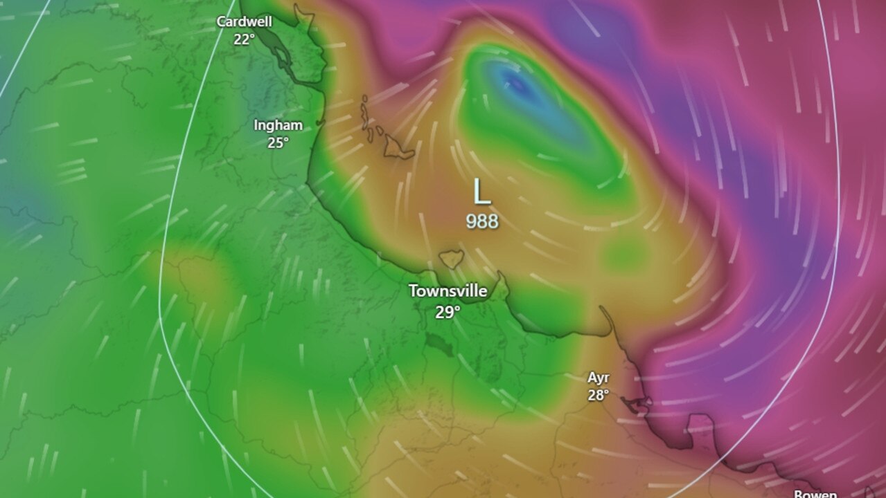 As Tropical Cyclone Kirrily continues to form in the Coral Sea, the Bureau of Meteorology says winds of up to 55 km/h could begin to buffet the Burdekin on Wednesday evening, followed by potentially destructive winds exceeding 130 km/h on Thursday. Picture: Windy.com