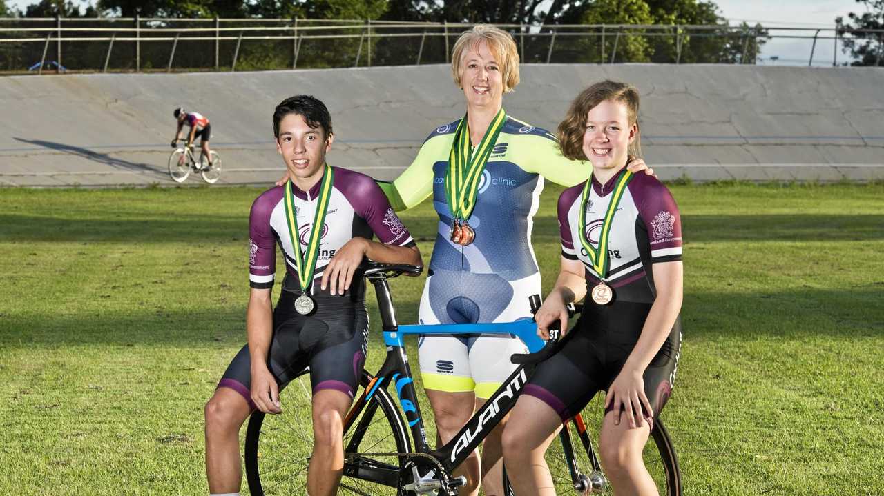 MEDAL WINNERS: Track cyclists (from left) Declan Trezise, Megan Stevens and Emma Stevens returned from recent national championships with several medals to their names. Picture: Nev Madsen