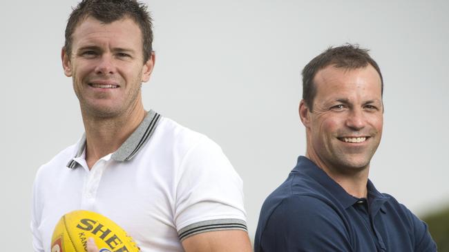 Cameron Mooney and Brad Johnson are ready for the EJ Whitten Legends game. Picture: Eugene Hyland