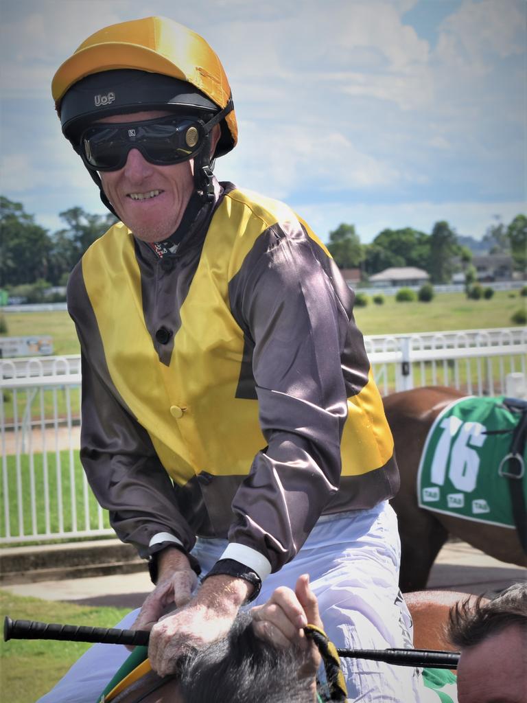 Jockey Matthew Bennett looks to steady himself after mounting David Campbell trained Sir Swayze at Clarence River Jockey Club in Grafton on Tuesday, 2nd February, 2021. Photo Bill North / The Daily Examiner