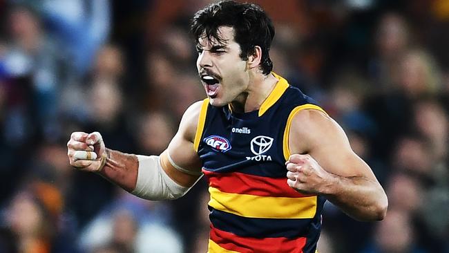 ADELAIDE, AUSTRALIA - AUGUST 20: Darcy Fogarty of the Adelaide Crows celebrates a goal during the round 23 AFL match between the Port Adelaide Power and the Adelaide Crows at Adelaide Oval on August 20, 2022 in Adelaide, Australia. (Photo by Mark Brake/Getty Images)