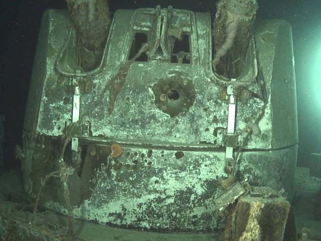 A shell-hole in the armoured faceplate of HMAS Sydney II’s “B” turret. Picture: WA Museum and Curtin University. Copyright WA Museum