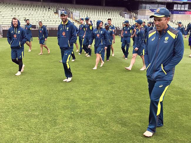 The Australian squad walk barefoot on the Edgbaston turf. Picture: Cricket Australia