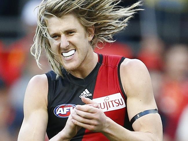 AFL Round 21. Gold Coast Suns vs Essendon at Metricon Stadium, Gold Coast. Dyson Heppell celebrates kicking Essendons first goal . Pic: Michael Klein
