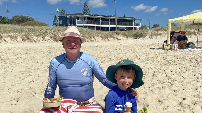 Lennox Head visitor Stuart O’Dea with his grandson Callum, 6. His father grew up in the area and he has been travelling to the area with his family since 1966. Picture: Rae Wilson