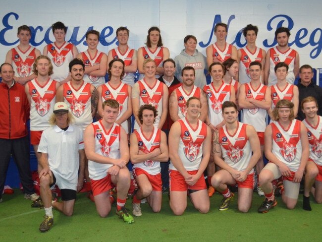 Sam Flanders (middle row, second from right) in a premiership pic at Fish Creek. Photo: Rebecca Stefani.