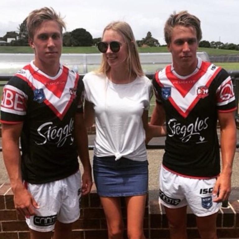 Sarah Marschke with brothers Jesse (left) and Ben (right) when they were signed to Sydney Roosters