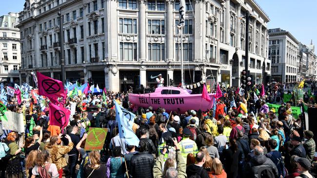 Environmental campaigners block Oxford Circus in London. Picture. Leon Neal/Getty Images