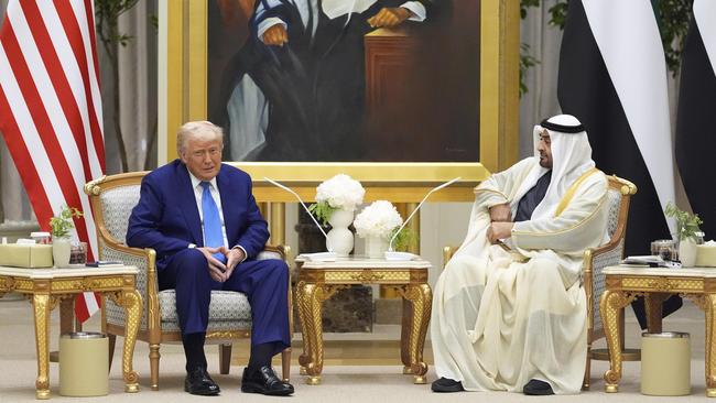 Trump with United Arab Emirates President Mohammed bin Zayed Al Nahyan at Qasr Al Watan in Abu Dhabi on Thursday. Picture: AP