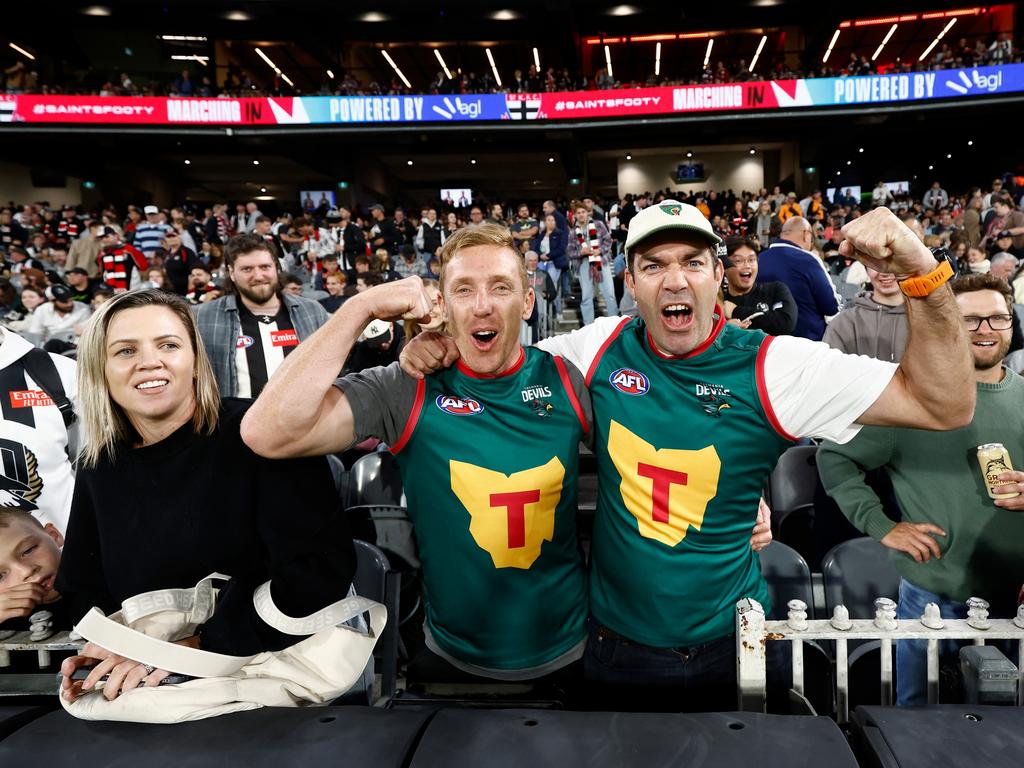 Tasmania Devils fans Bradley Cox-Goodyear and Will Tatchell at the MCG in Round 2, days before the state went to the polls. The stadium which would house the Devils was a major election issue. Picture: Michael Willson/AFL Photos via Getty Images.