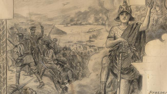 Original design for the mural decoration for the Public Library (1922). Artist: Prospero. An entry for the Library's Mural War Memorial showing troops training in Palestine and views of the Gallipoli Peninsula on the right hand side and fighting on the Western Front on the left hand side.