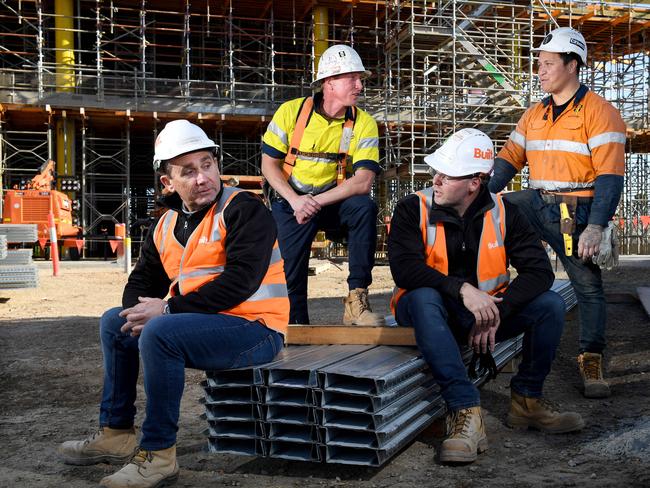 The Cost of Covid. Construction workersScott Grover, Kevin Warhurst, Ryan OÃSullivan, Kaani Matthews, on the new Mitsubishi building site, Adelaide Airport on the 5th August, 2020. Picture: Tricia Watkinson