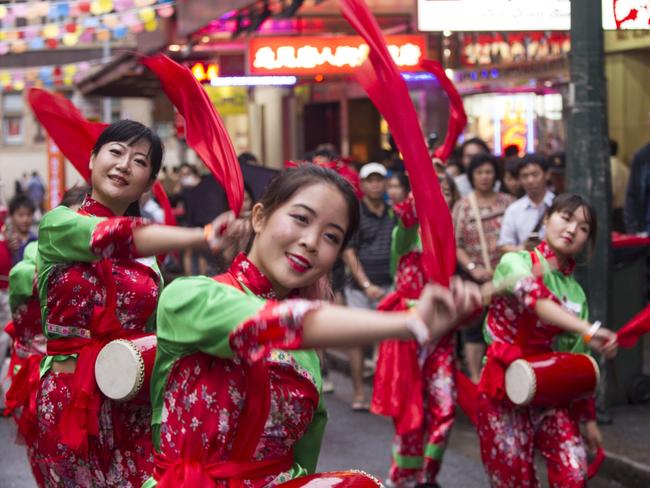 Dancers perform at the Sydney Lunar Festival in Chinatown. Picture: Jamie Williams