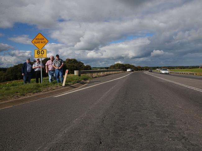 VicRoads has recently installed a number of speed restriction signs between Port Fairy and Warrnambool, reducing the Princes Highway from 100kmh to 80kmh in several places.Pictured are Wallace Hill, Chris O'Keefe, Jim Doukas and Bruce KnowlesPicture: ANDY ROGERS