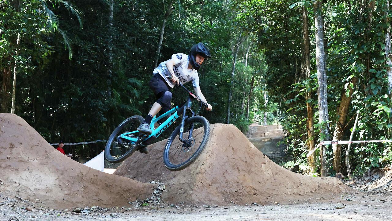 Will Bull competes in the U19 Men’s Dual Slalom quarter finals at the first day of the Cairns round of the Crankworx World Tour, held at the Smithfield Mountain Bike Park. Picture: Brendan Radke