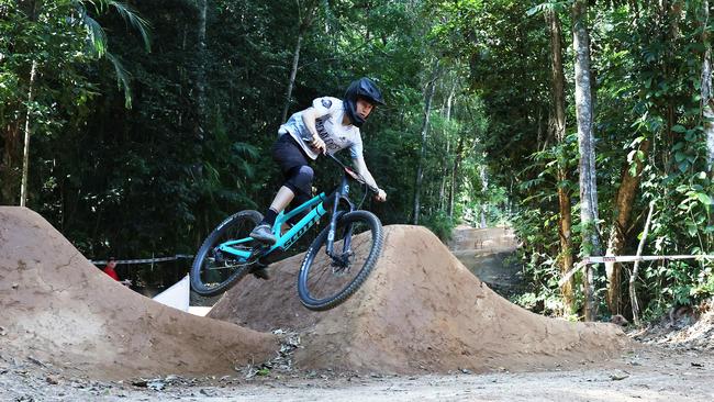 Will Bull competes in the U19 Men’s Dual Slalom quarter finals at the first day of the Cairns round of the Crankworx World Tour, held at the Smithfield Mountain Bike Park. Picture: Brendan Radke