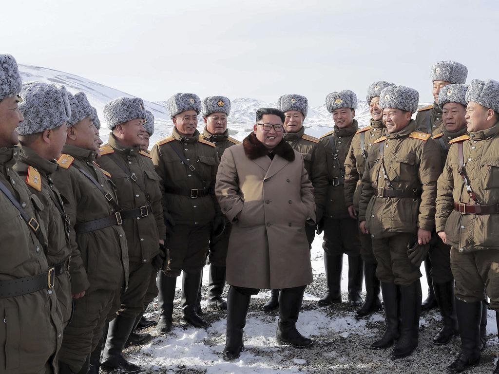 Kim hanging out with his lieutenants at Mount Paektu, North Korea. Picture: AP