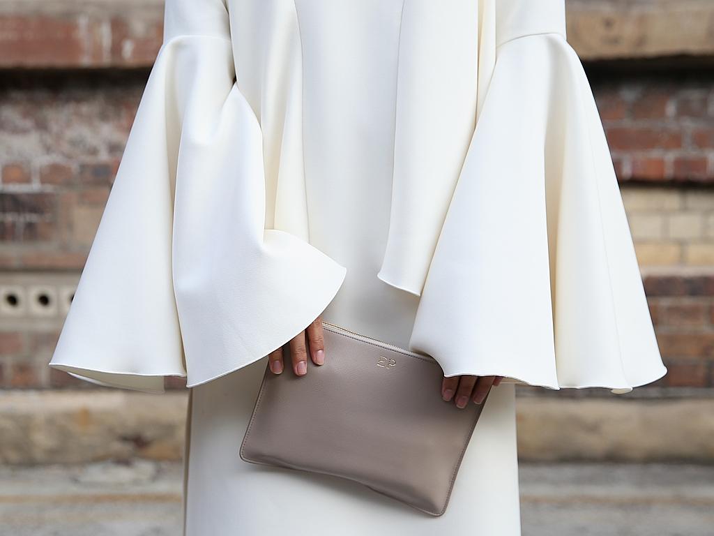 Eleanor Pendleton, detail wearing Ellery dress at Mercedes-Benz Fashion Week Australia 2015. Picture: Getty