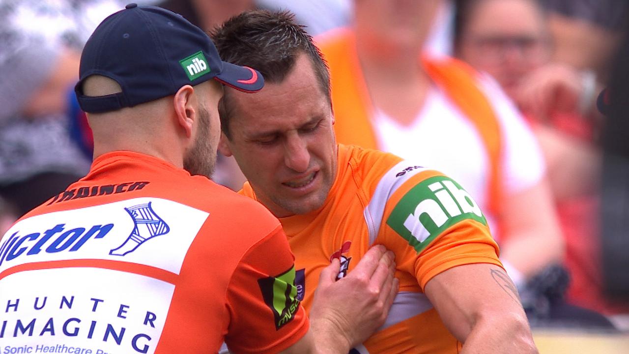 Mitchell Pearce had to be taken from the field with a pec injury.