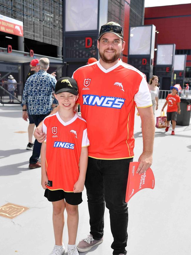 Caber and Luke McIntyre at Roosters V Dolphins, Suncorp Stadium. Picture: Patrick Woods.