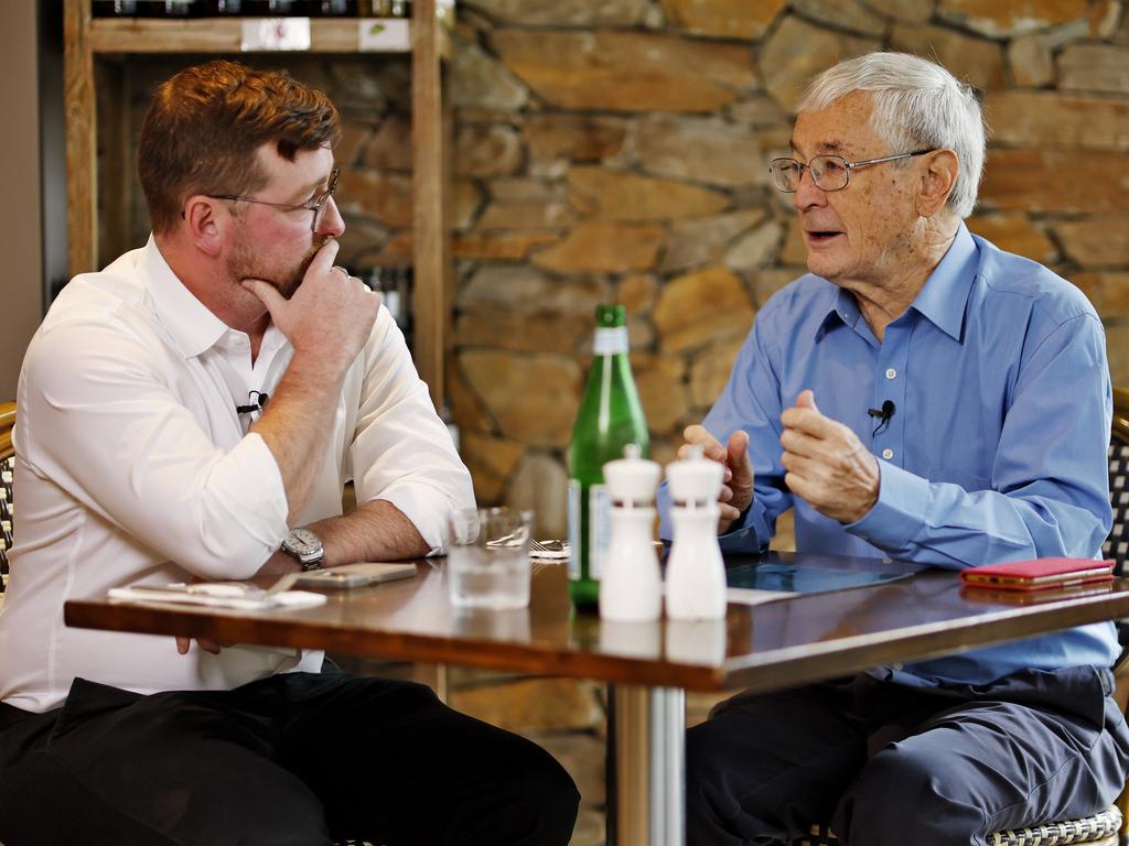 Australian businessman Dick smith pictured at Sandstone Cafe in Terrey Hills with journalist Lachlan Leeming for High Steaks. Picture: Sam Ruttyn