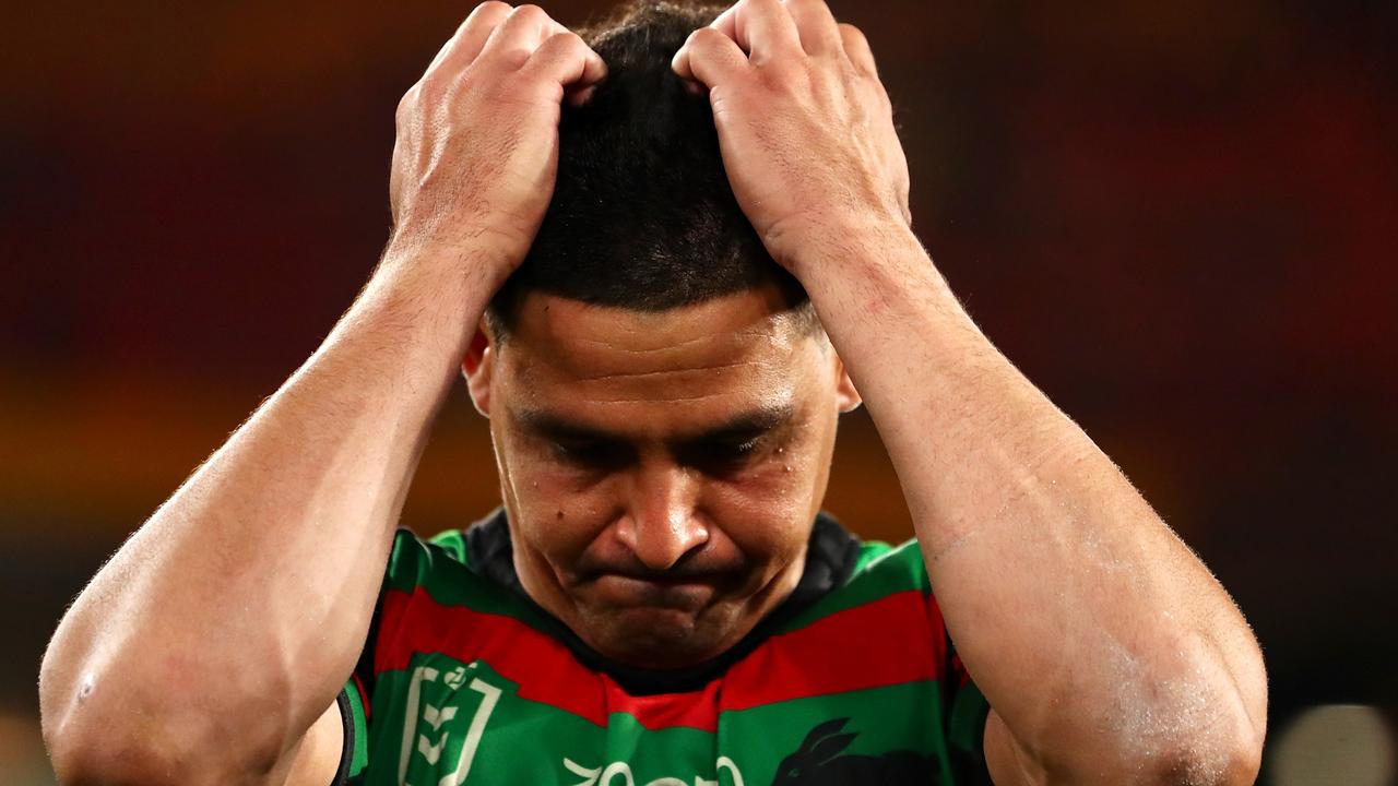 BRISBANE, AUSTRALIA - OCTOBER 03: Cody Walker of the Rabbitohs looks dejected after defeat during the 2021 NRL Grand Final match between the Penrith Panthers and the South Sydney Rabbitohs at Suncorp Stadium on October 03, 2021, in Brisbane, Australia. (Photo by Chris Hyde/Getty Images)