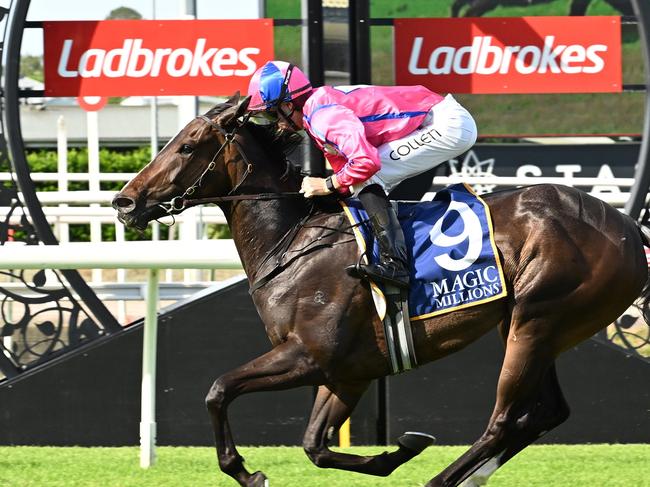 Jason Collett makes a flying visit to Queensland to win the BJ McLachlan Stakes aboard Icarian Dream for trainer Ciaron Maher. Picture: Grant Peters - Trackside Photography.