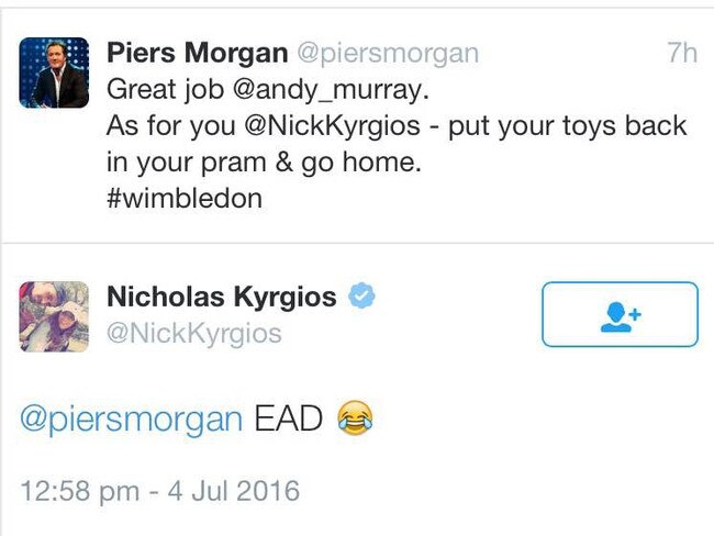 Twitter exchange between Piers Morgan and Nick Kyrgios after his loss to Andy Murray at Wimbledon.