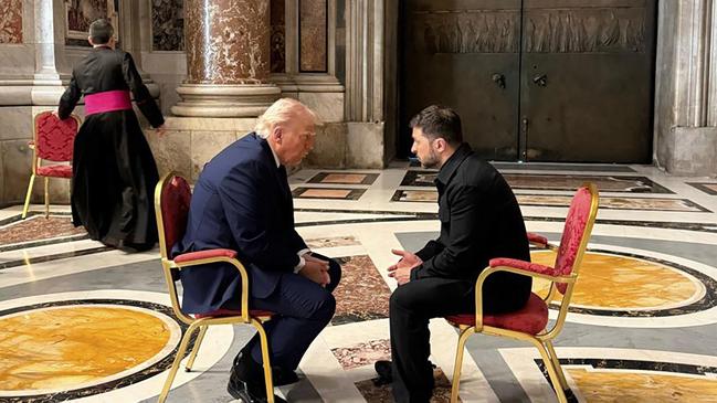 Volodymyr Zelensky and Donald Trump, talk as they attend the funeral of Pope Francis