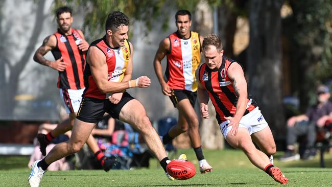 Goodwood’s Anthony Skara lines up Rostrevor OC’s Dylan Reinbrecht in their hard-fought clash on Saturday. Picture: Keryn Stevens