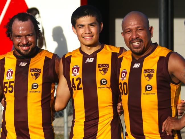 Pictured (l-r): Kila Rawali, David Topeni, Mitchel White, Tyler Gorogo, Matthew White and William Aisi. Six Manunda Hawks players with links to PNG pictured after their victory against the CTB Bulldogs. AFL Cairns 2024. Photo: Gyan-Reece Rocha