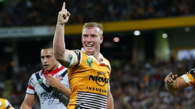 Jack Reed of Brisbane celebrates his try during the NRL preliminary final between the Brisbane Broncos and the Sydney Roosters. Pic Darren England.