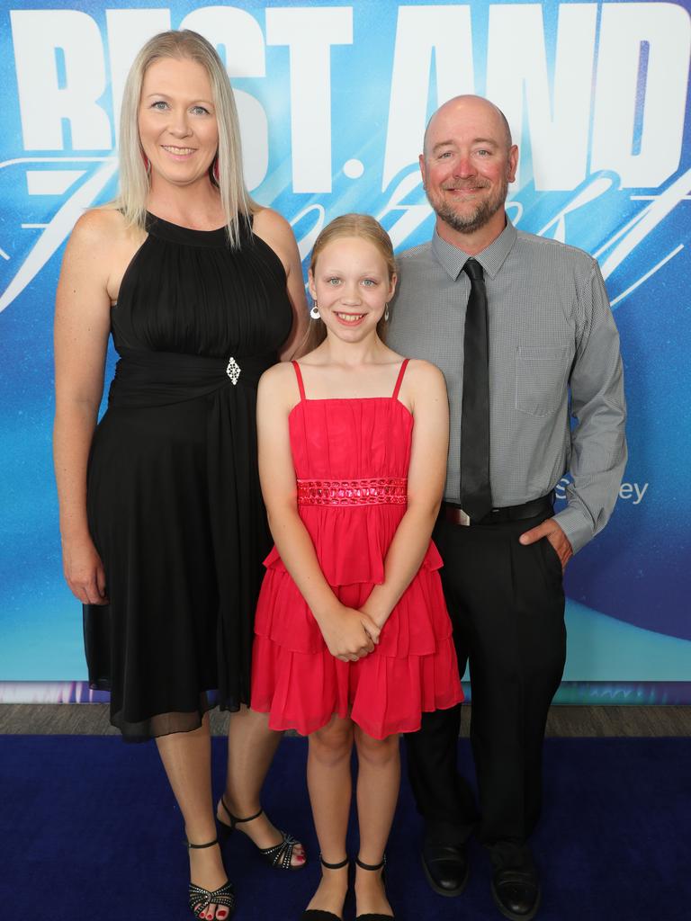 Geelong Cats’ AFLW best and fairest Blue Carpet arrivals at Kardinia Park — Melissa Taylor, Brooklyn Taylor and Andrew Taylor. Picture: Mark Wilson