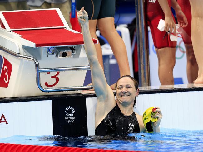 Cate Campbell celebrates at the Tokyo 2020 Olympics after Australia takes gold in the women’s 4 x 100m freestyle relay. Picture: Adam Head